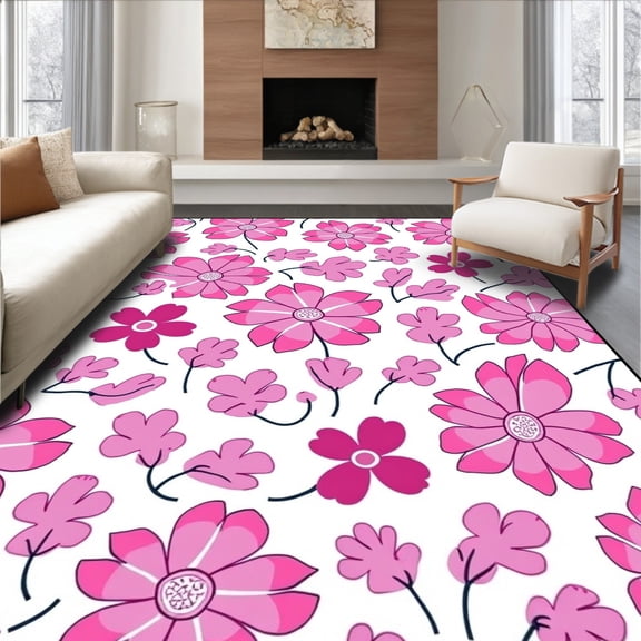 ODIKA 4'x6' Machine Washable Non-Slip Area Rug, Whimsical Meadow Abstract Botanical High Traffic Rug, Pink, 241448
