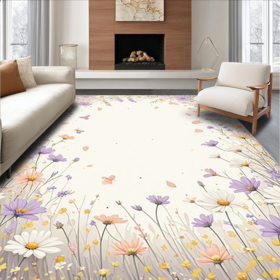 ODIKA 6'x9' Machine Washable Non-Slip Area Rug, Whimsical Meadow Blooms Motif Floor Covering High Traffic Rug, Ivory, 156066