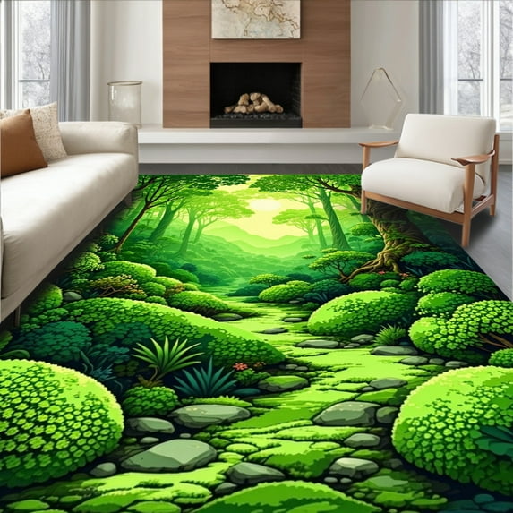 ODIKA 3'x5' Machine Washable Non-Slip Area Rug, Whimsical Moss Forest Green Decorative High Traffic Rug, Green, 94465
