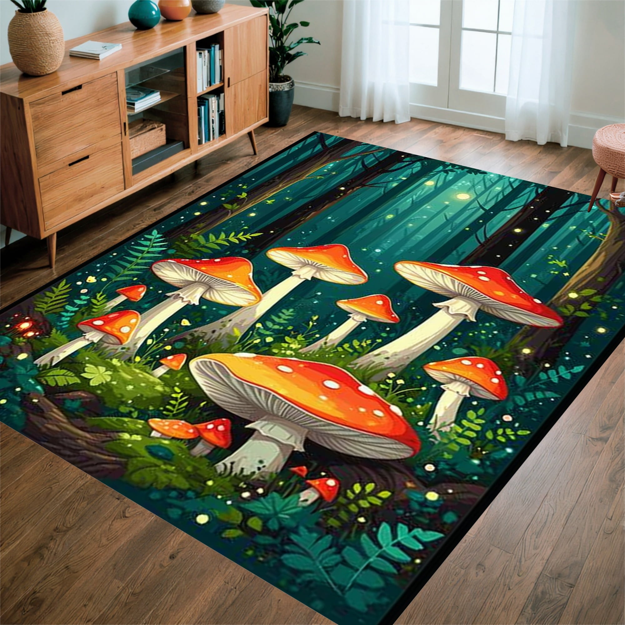 Flatwoven High Traffic Area Rug, Whimsical Mushroom Fantasy Floor Art ...
