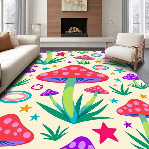 ODIKA 4'x6' Machine Washable Non-Slip Area Rug, Whimsical Mushroom Garden Fantasy Enchanted Woodland Design High Traffic Rug, Red, 499105
