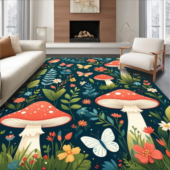 ODIKA 6'x9' Machine Washable Non-Slip Area Rug, Whimsical Mushroom Meadow with Playful Cartoon High Traffic Rug, Green, 217001