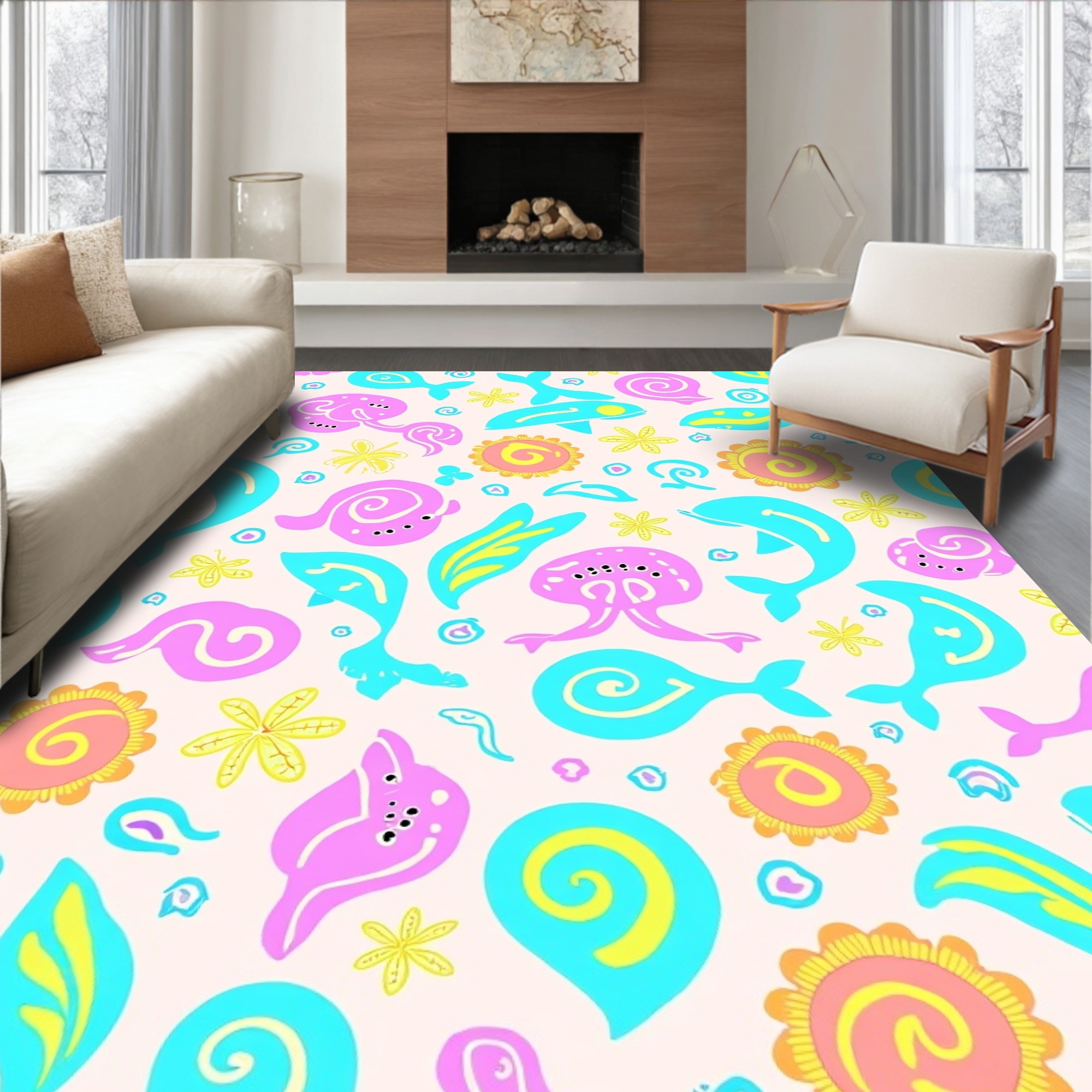 Whimsy Rugs Flatwoven High Traffic Area Rug, Whimsical Ocean Creatures Interlocking ...