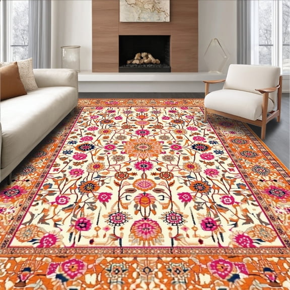 Flatwoven High Traffic Area Rug, Whimsical Orange Floral Aesthetic, Non Slip, Stain Resistant, Washable Area Rugs for Living Room, Bedroom(Ivory, 4X6)