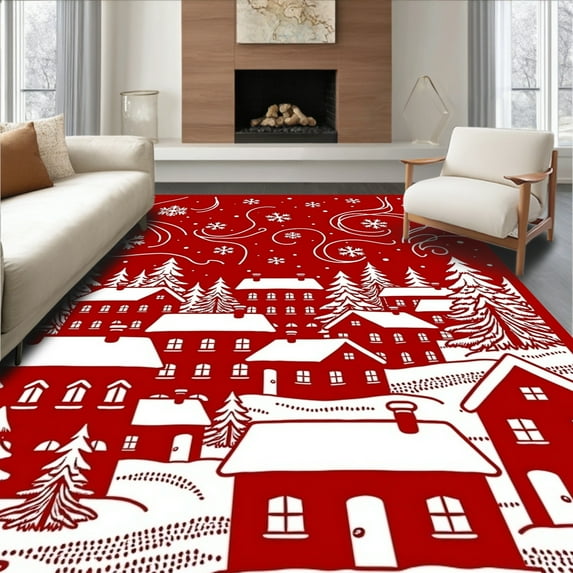 Flatwoven High Traffic Area Rug, Whimsical Papercut Snowy Village Christmas with Swirling Snowflakes, Non Slip, Stain Resistant, Washable Area Rugs for Living Room, Bedroom(Red, 4X6)