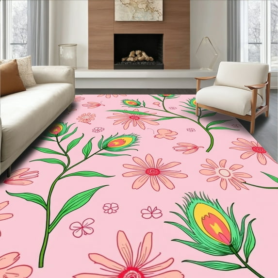 Flatwoven High Traffic Area Rug, Whimsical Peacock Feather Floral with Delicate Butterfly Accents, Non Slip, Stain Resistant, Washable Area Rugs for Living Room, Bedroom(Pink, 6X9)