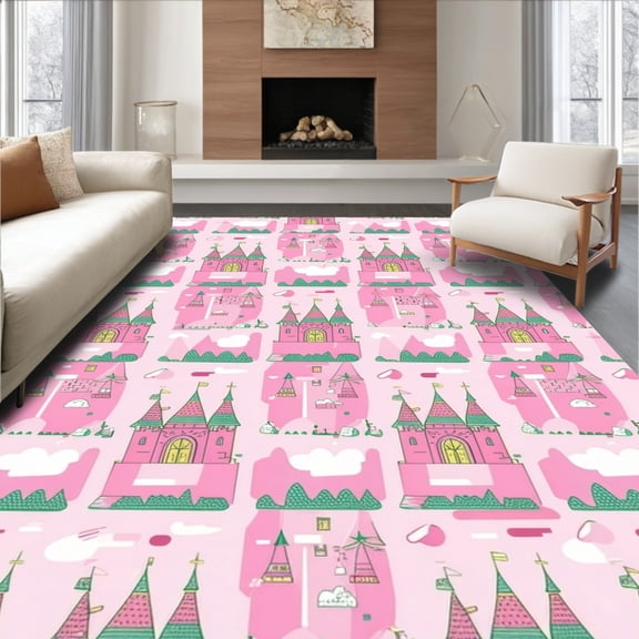 ODIKA 4'x6' Machine Washable Non-Slip Area Rug, Whimsical Pink Fantasy High Traffic Rug, Pink, 13455