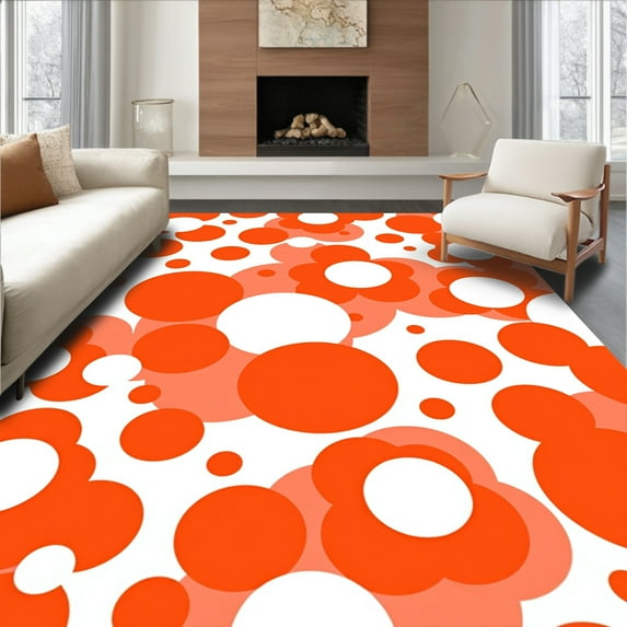 ODIKA 8'x10' Machine Washable Non-Slip Area Rug, Whimsical Polka Dot Playful Motif High Traffic Rug, Orange, 393119