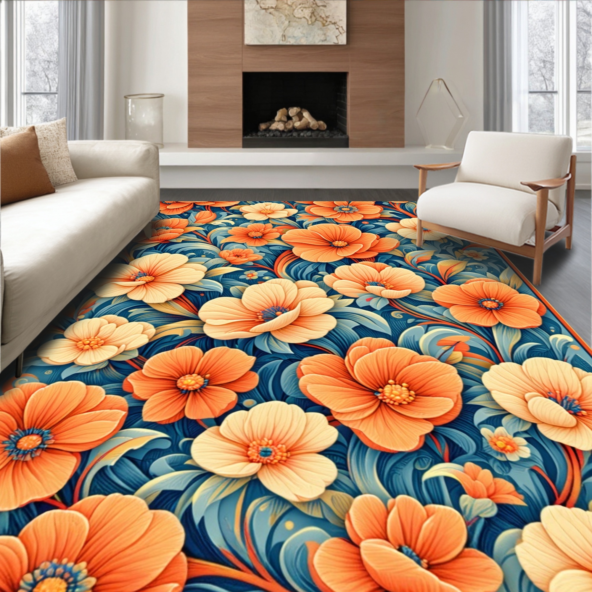 ODIKA 8'x10' Machine Washable Non-Slip Area Rug, Whimsical Retro Floral ...