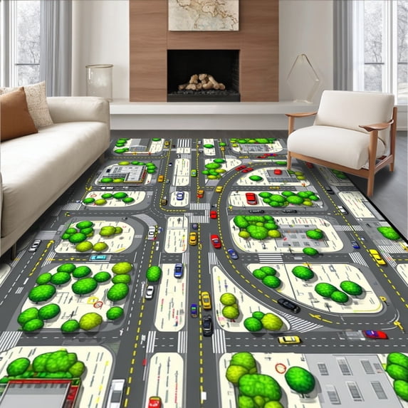 ODIKA 2'x3' Machine Washable Non-Slip Area Rug, Whimsical Road Adventure Aesthetic High Traffic Rug, Gray, 35881