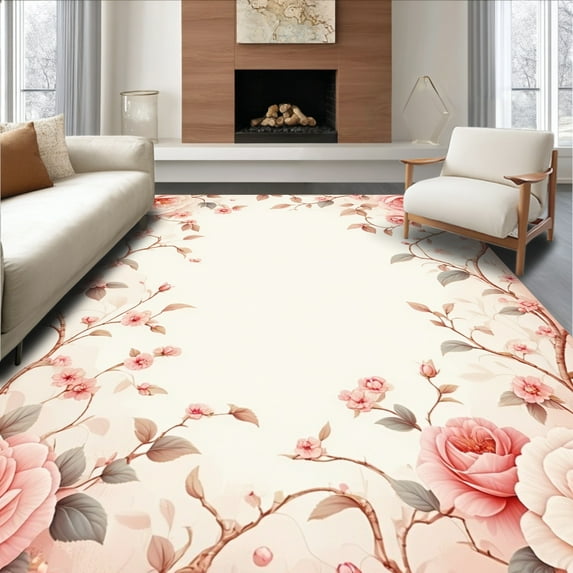 Flatwoven High Traffic Area Rug, Whimsical Rose Garden Design Floral Rug for a Charming Ambiance, Non Slip, Stain Resistant, Washable Area Rugs for Living Room, Bedroom(Rose, 6X9)