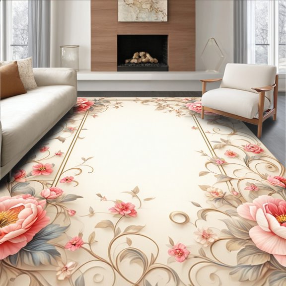 Flatwoven High Traffic Area Rug, Whimsical Rosette and Bow Fusion with Layered Leaf Textures Spiral Accents, Non Slip, Stain Resistant, Washable Area Rugs for Living Room, Bedroom(Rose, 2X3)