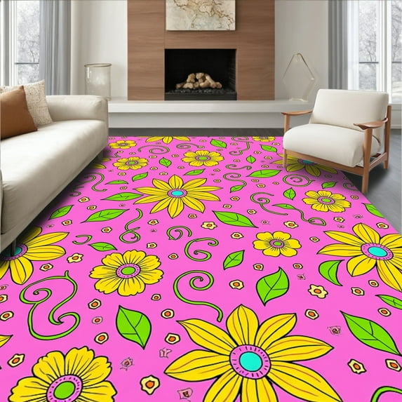 Flatwoven High Traffic Area Rug, Whimsical Round, Non Slip, Stain Resistant, Washable Area Rugs for Living Room, Bedroom(Pink, 6)