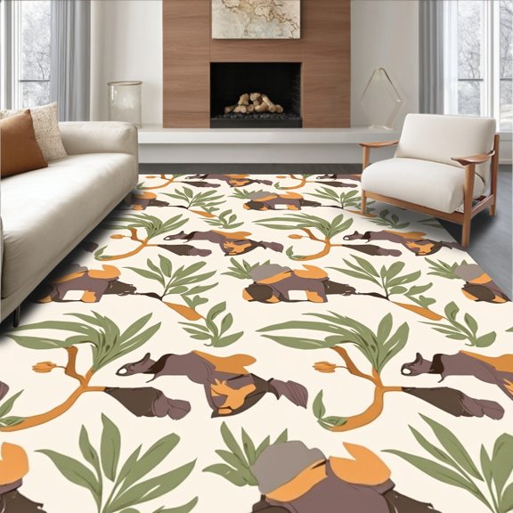 ODIKA 6'x9' Machine Washable Non-Slip Area Rug, Whimsical Safari Adventure Animal Motifs High Traffic Rug, Beige, 299219