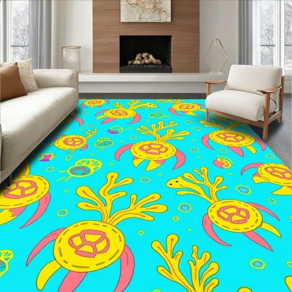 ODIKA 4'x6' Machine Washable Non-Slip Area Rug, Whimsical Sea Playful High Traffic Rug, Blue, 295762