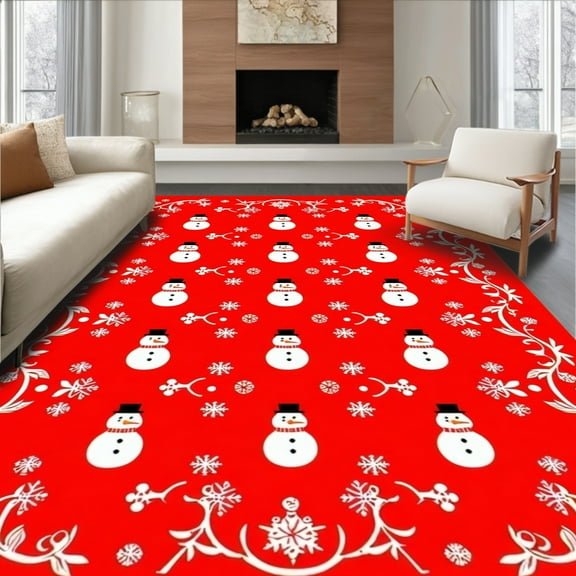 ODIKA 8'x10' Machine Washable Non-Slip Area Rug, Christmas Spirit Featuring Stylized Snowman and Festive Flourishes High Traffic Rug, Red, 85744