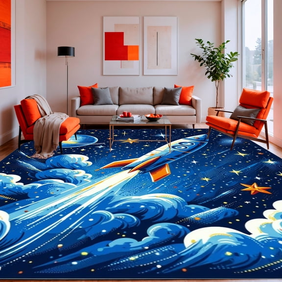 ODIKA 4'x6' Machine Washable Non-Slip Area Rug, Whimsical Space Explorer with Rocket Ships and Clusters in Abstract Style High Traffic Rug, Blue, 129591