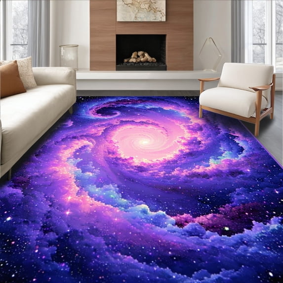 ODIKA 8'x10' Machine Washable Non-Slip Area Rug, Whimsical Starry Night Illusion High Traffic Rug, Purple, 31904