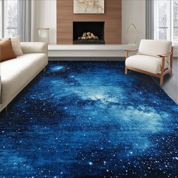Flatwoven High Traffic Area Rug, Whimsical Starry Night Inspiration, Non Slip, Stain Resistant, Washable Area Rugs for Living Room, Bedroom(Blue, 4X6)