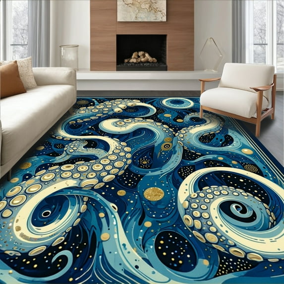 Flatwoven High Traffic Area Rug, Whimsical Tentacle Medley with Spiraled Nautical Elements and Dot Accents, Non Slip, Stain Resistant, Washable Area Rugs for Living Room, Bedroom(Blue, 8X10)