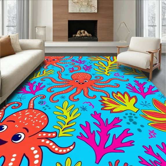 Flatwoven High Traffic Area Rug, Whimsical Underwater Playful Aquatic Scene, Non Slip, Stain Resistant, Washable Area Rugs for Living Room, Bedroom(Blue, 8)