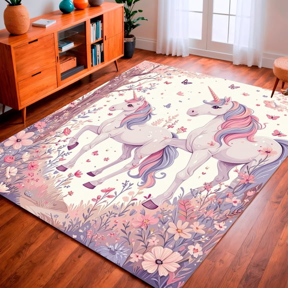 ODIKA 8'x10' Machine Washable Non-Slip Area Rug, Whimsical Unicorn Dreams High Traffic Rug, Pink, 157052
