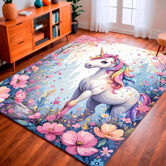 ODIKA 8'x10' Machine Washable Non-Slip Area Rug, Whimsical Unicorn Garden Enchanted Floral for Playtime High Traffic Rug, Pink, 157056