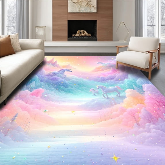 ODIKA 2'x3' Machine Washable Non-Slip Area Rug, Whimsical Unicorn Pastel Aura and Sparkling High Traffic Rug, Pink, 83078