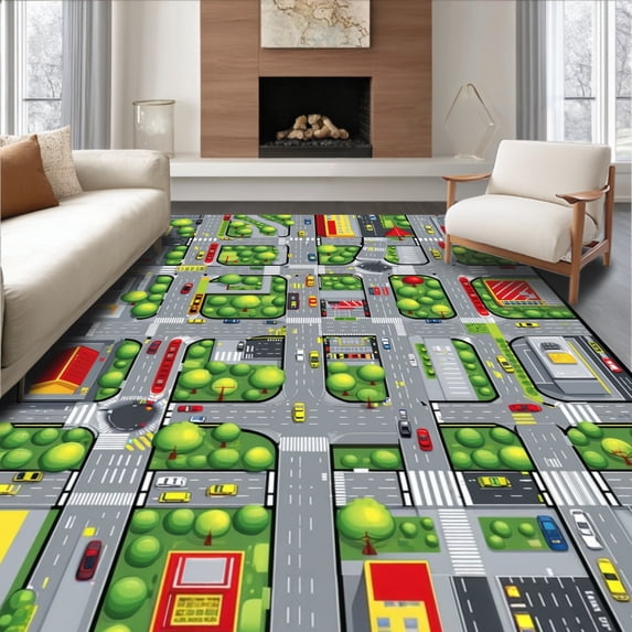 ODIKA 5'x7' Machine Washable Non-Slip Area Rug, Whimsical Urban Journey High Traffic Rug, Gray, 28955