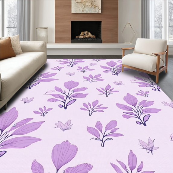 ODIKA 8'x8' Machine Washable Non-Slip Area Rug, Whimsical Watercolor Blossom Design High Traffic Rug, Purple, 299886