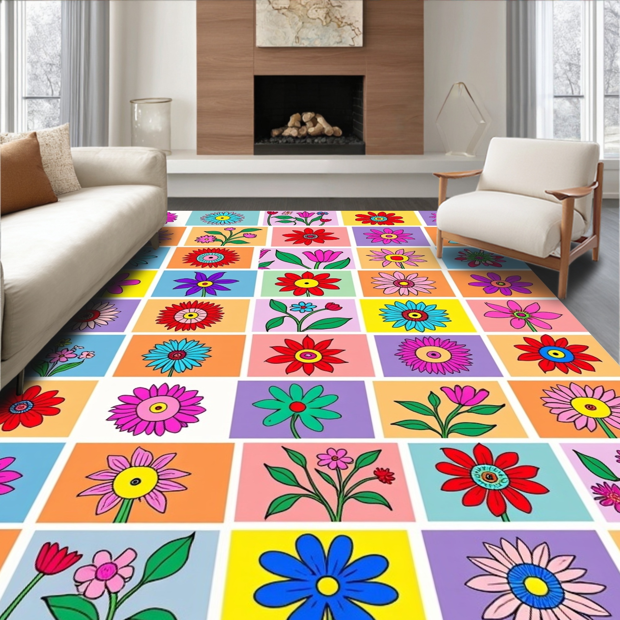ODIKA 8' Machine Washable Non-Slip Area Rug, Whimsical Wildflower ...