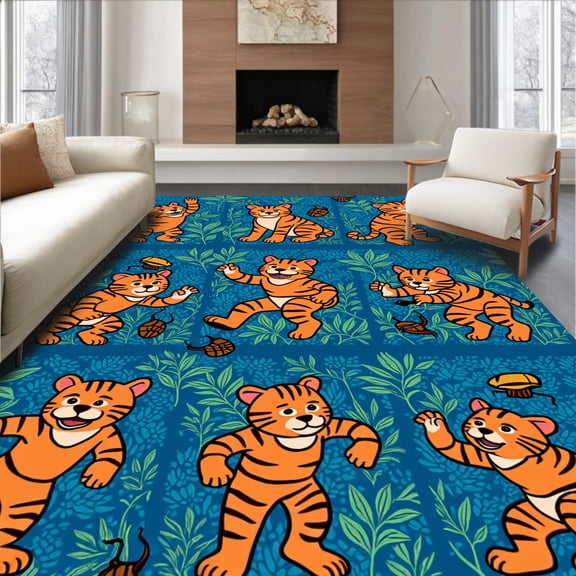 ODIKA 2'x3' Machine Washable Non-Slip Area Rug, Whimsical Wildlife Parade with Playful Animal and Bug Illustrations High Traffic Rug, Orange, 317044