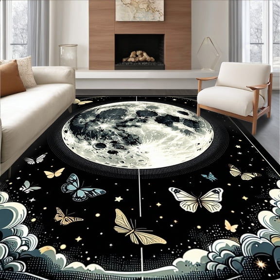 ODIKA 8'x10' Machine Washable Non-Slip Area Rug, Whimsigoth Moon Moth Black Celestial Mystical High Traffic Rug, Gray, 84131