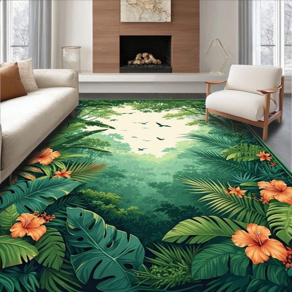 Flatwoven High Traffic Area Rug, Wild Canopy Adventure Tropical Rainforest Area, Non Slip, Stain Resistant, Washable Area Rugs for Living Room, Bedroom(Green, 4X6)