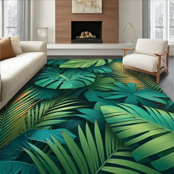 ODIKA 4'x6' Machine Washable Non-Slip Area Rug, Wild Expedition Tropical Foliage Decorative Designer High Traffic Rug, Green, 281807