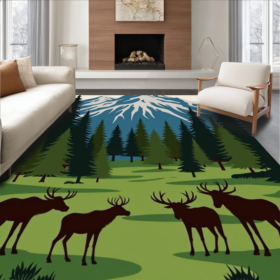 Flatwoven High Traffic Area Rug, Wild Forest Moose and Bear Vista with ...