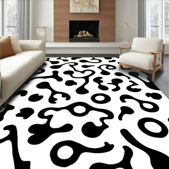 ODIKA 6'x9' Machine Washable Non-Slip Area Rug, Wild Prairie Patchwork with Modern Abstract Animal Inspired Motifs High Traffic Rug, Black, 295476