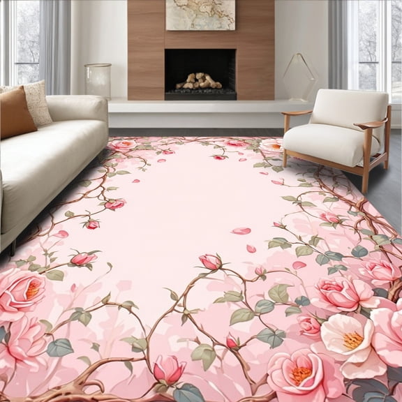 ODIKA 8'x10' Machine Washable Non-Slip Area Rug, Wild Rose Vinework with Delicate Petal Mosaic Accents High Traffic Rug, Pink, 218920