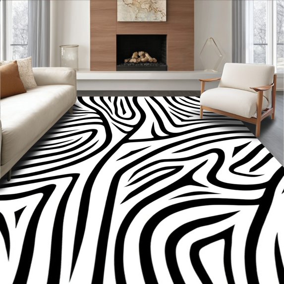 ODIKA 6' Machine Washable Non-Slip Area Rug, Wild Savanna Series Classic Zebra Stripe Motif High Traffic Rug, Black, 310967