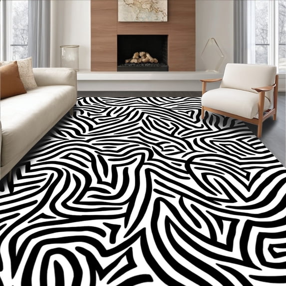 ODIKA 6'x9' Machine Washable Non-Slip Area Rug, Wild Stripe Faux Bold Animal Print High Traffic Rug, Black, 310953