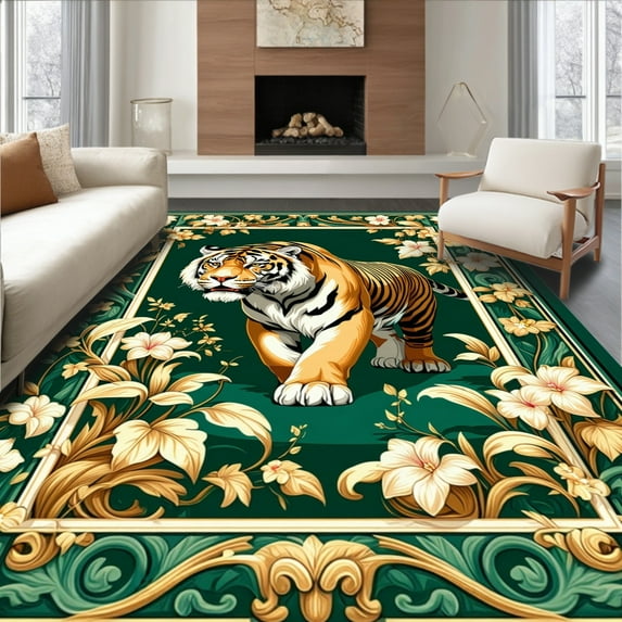 ODIKA 5'x7' Machine Washable Non-Slip Area Rug, Wild Tiger Motif with Boho Botanical Flourishes and Artistic Leaf Detailing High Traffic Rug, Green, 281155