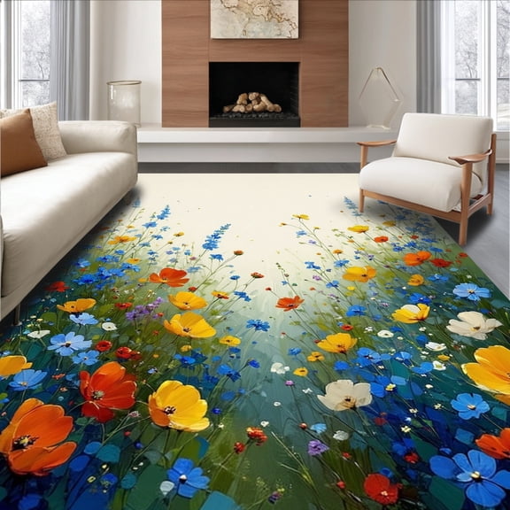 ODIKA 4'x6' Machine Washable Non-Slip Area Rug, Wildflower Meadow Impressionist Style Decorative Accent High Traffic Rug, Blue, 184860