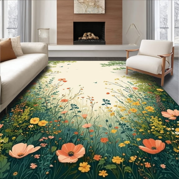 ODIKA 6'x9' Machine Washable Non-Slip Area Rug, Wildflower Moss Garden Artistic Plant Boho Inspired Green High Traffic Rug, Ivory, 92925