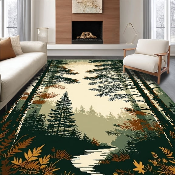 ODIKA 5'x7' Machine Washable Non-Slip Area Rug, Wildlife Cabin Rustic Pine Tree Floor High Traffic Rug, Green, 134338