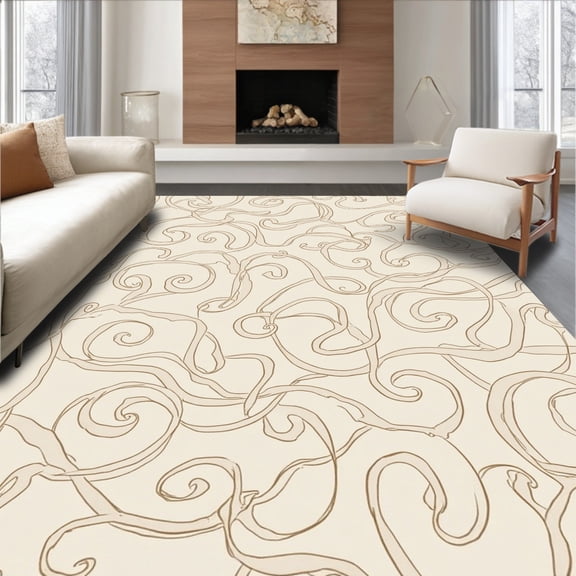 ODIKA 6' Machine Washable Non-Slip Area Rug, Winding Snake Featuring Abstract Animal Inspired Design High Traffic Rug, Beige, 294616