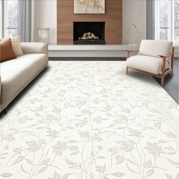 ODIKA 4'x6' Machine Washable Non-Slip Area Rug, Winter Bloom Crisp Fluffy Accent for Living High Traffic Rug, Beige, 84444