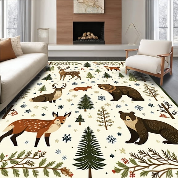 Flatwoven High Traffic Area Rug, Woodland with Bear Deer Fox and Pine Tree Design, Non Slip, Stain Resistant, Washable Area Rugs for Living Room, Bedroom(Ivory, 2X3)