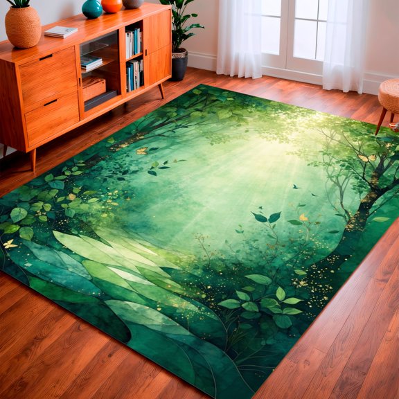 ODIKA 6'x9' Machine Washable Non-Slip Area Rug, Woodland Canopy Leaf Shadow Dappled Light High Traffic Rug, Green, 165891