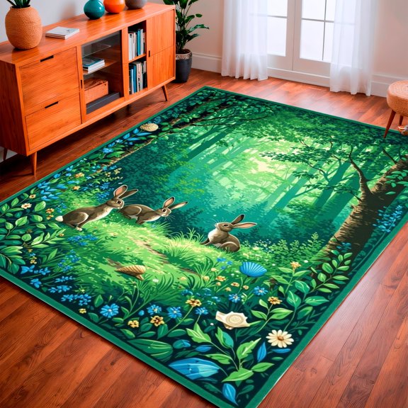 Flatwoven High Traffic Area Rug, Woodland Cottage Hare Imprint Foliage Banquet Shell Display, Non Slip, Stain Resistant, Washable Area Rugs for Living Room, Bedroom(Green, 2X3)