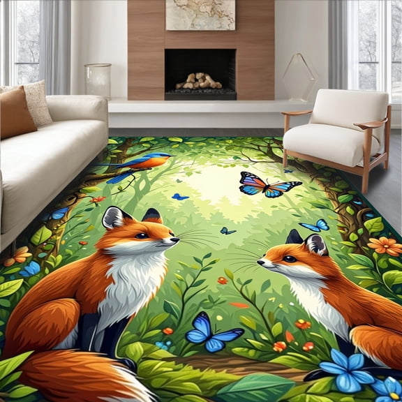 ODIKA 4'x6' Machine Washable Non-Slip Area Rug, Woodland Creatures and Leaf Maze Storybook High Traffic Rug, Green, 282252